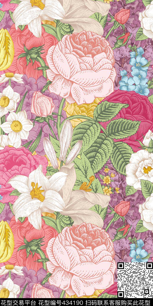 水彩玫瑰传统印花华亿平台下载（图片编号: 434190） - 瓦栏（Walan）