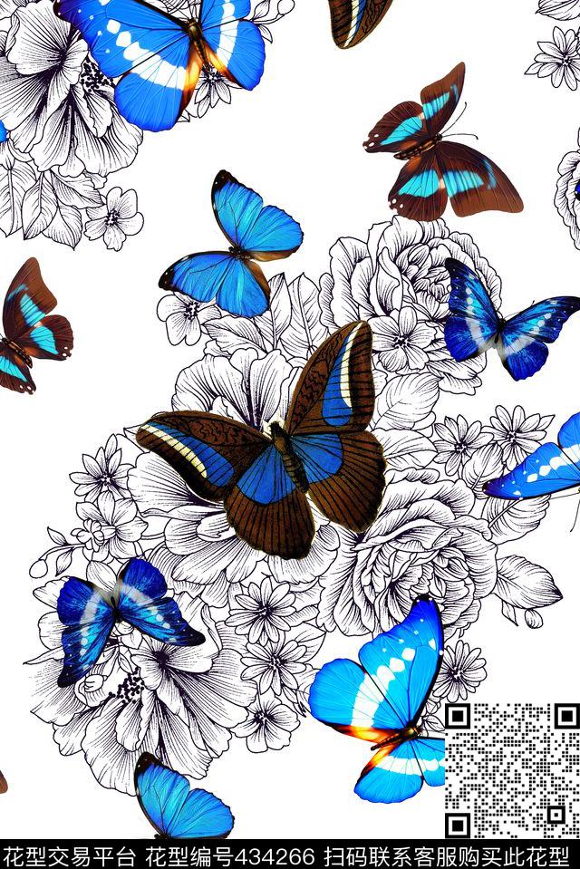 蓝色蝴蝶彩蝶撇丝大花素雅数码印花华亿平台下载（图片编号: 434266） - 瓦栏（Walan）