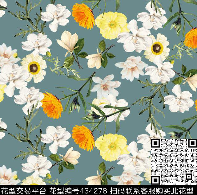 复古花卉简约时尚数码印花华亿平台下载（图片编号: 434278） - 瓦栏（Walan）