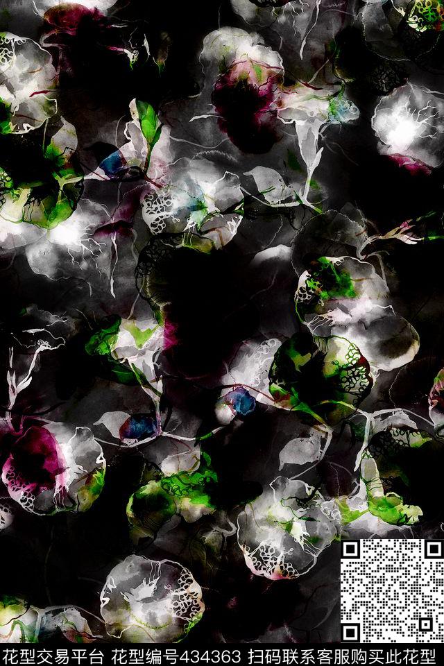 水墨牵牛花丝绸面料抽象多层底纹数码印花华亿平台下载（图片编号: 434363） - 瓦栏（Walan）