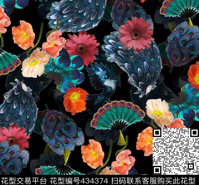 暗调花朵扇形羽毛时尚大牌数码印花华亿平台下载（图片编号: 434374） - 瓦栏（Walan）