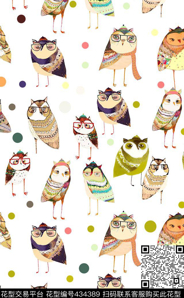 Q版插画波点猫头鹰数码印花华亿平台下载（图片编号: 434389） - 瓦栏（Walan）