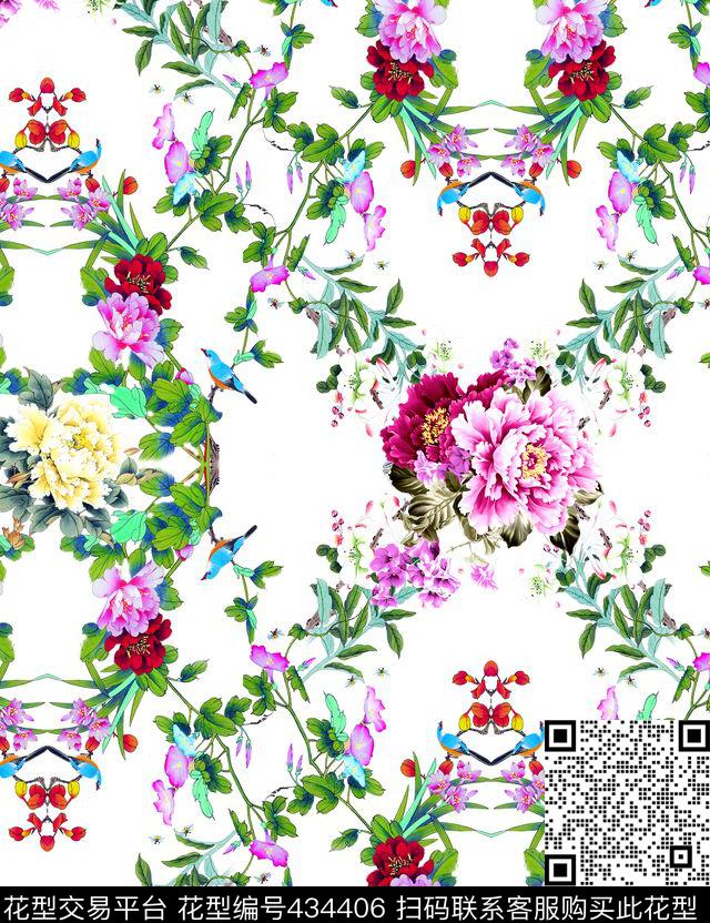 中国风花卉小鸟数码印花华亿平台下载（图片编号: 434406） - 瓦栏（Walan）