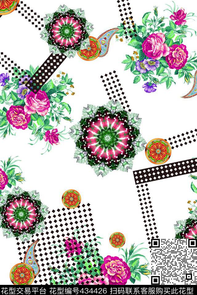 花卉方格珠宝组合数码印花华亿平台下载（图片编号: 434426） - 瓦栏（Walan）