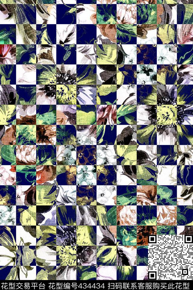 抽象几何格子数码印花华亿平台下载（图片编号: 434434） - 瓦栏（Walan）