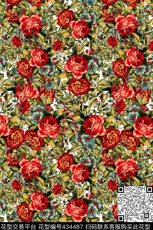 时尚温馨手绘水彩花卉红花绿叶数码印花华亿平台下载（图片编号: 434487） - 瓦栏（Walan）
