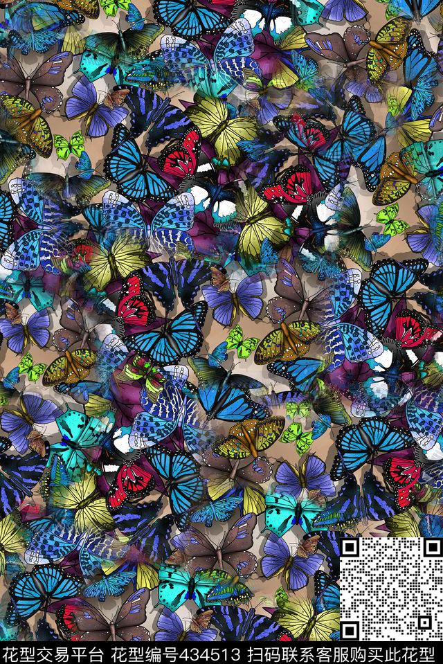 满底色彩鲜艳手绘卡通蝴蝶时尚艳丽数码印花华亿平台下载（图片编号: 434513） - 瓦栏（Walan）