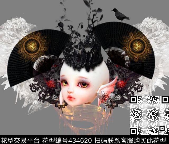 女装定位复古扇子娃娃羽毛皇冠数码印花华亿平台下载（图片编号: 434620） - 瓦栏（Walan）