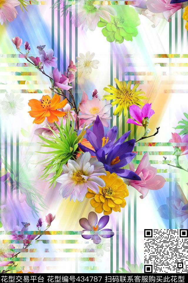 花卉几何格子清新数码印花华亿平台下载（图片编号: 434787） - 瓦栏（Walan）