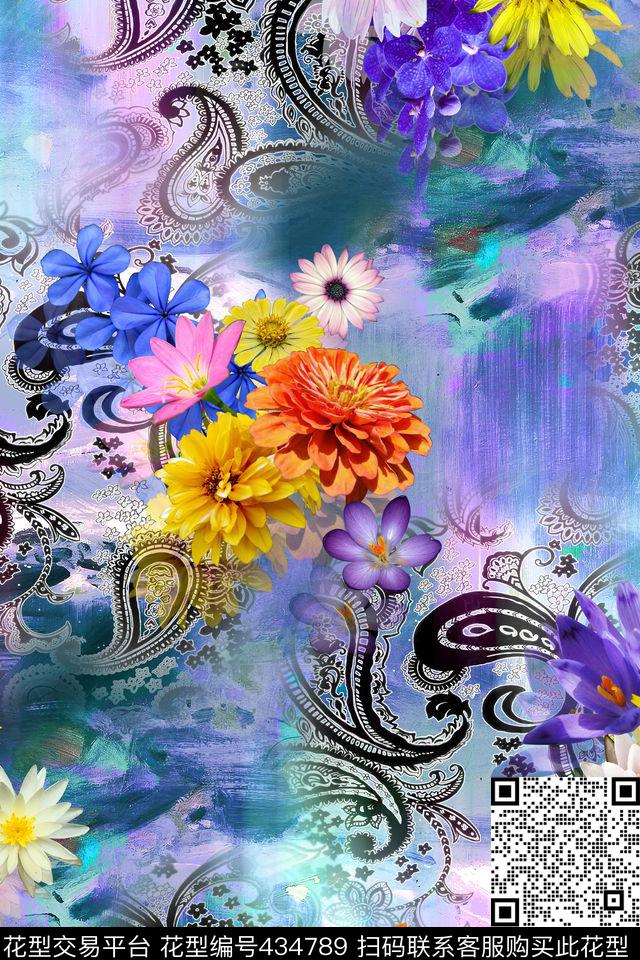 花卉蕾丝炫彩数码印花华亿平台下载（图片编号: 434789） - 瓦栏（Walan）