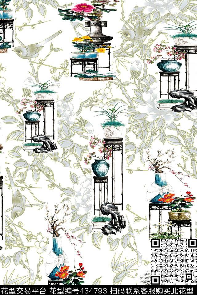 古典工笔线描桌几花卉现代中国风数码印花华亿平台下载（图片编号: 434793） - 瓦栏（Walan）