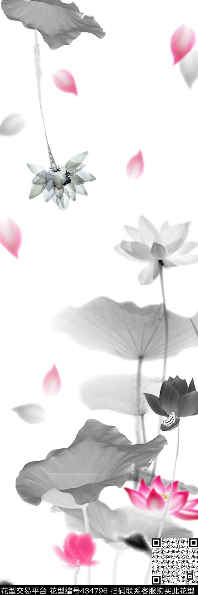 荷花花卉旗袍数码印花华亿平台下载（图片编号: 434796） - 瓦栏（Walan）