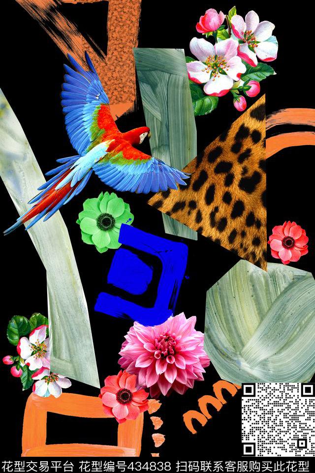 豹纹花卉几何元素数码印花华亿平台下载（图片编号: 434838） - 瓦栏（Walan）