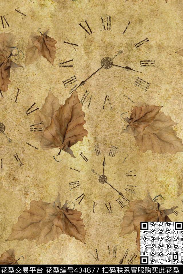 简约复古罗马钟表枯萎树叶牛皮纸底纹数码印花华亿平台下载（图片编号: 434877） - 瓦栏（Walan）