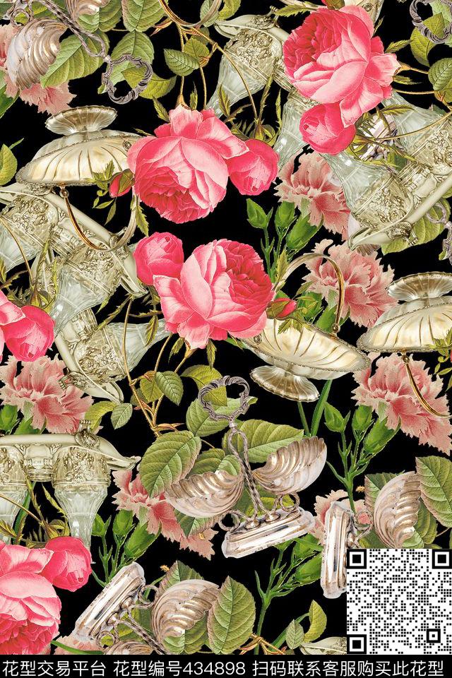 茶具欧式手绘花卉满铺数码印花华亿平台下载（图片编号: 434898） - 瓦栏（Walan）