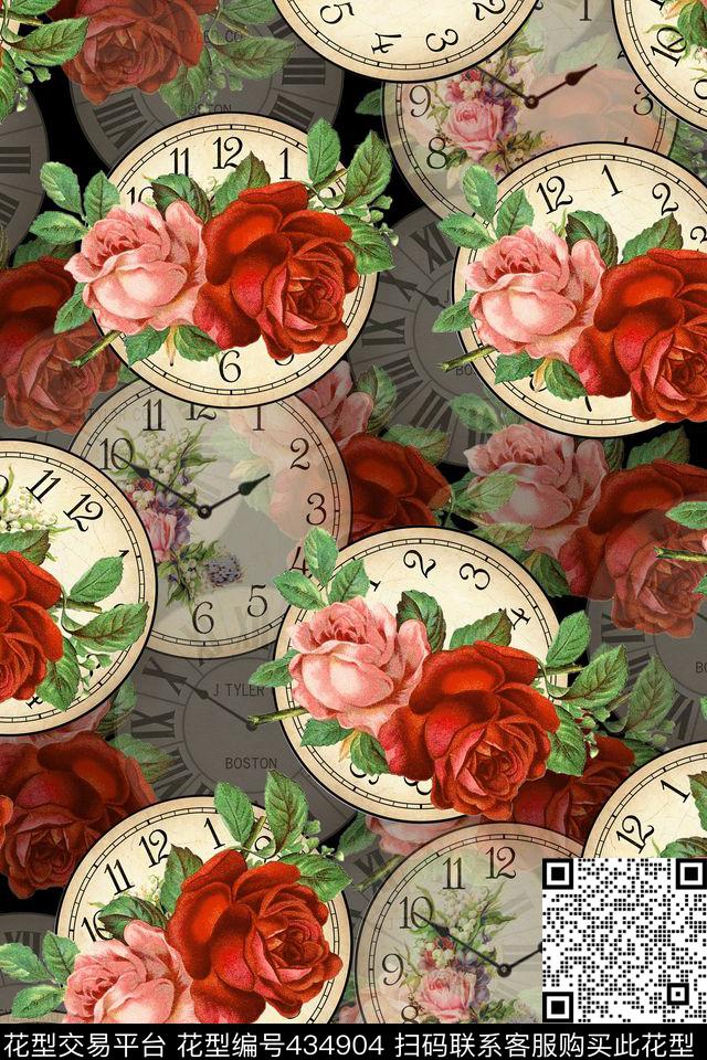 时尚时钟花卉数码印花华亿平台下载（图片编号: 434904） - 瓦栏（Walan）