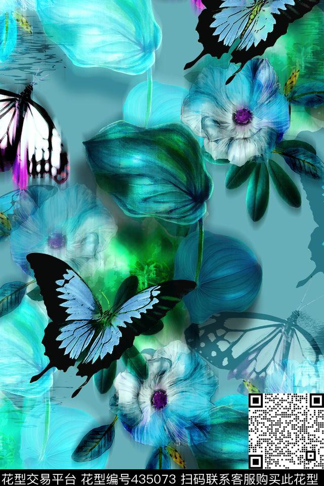 手绘花卉中国风蝴蝶数码印花华亿平台下载（图片编号: 435073） - 瓦栏（Walan）