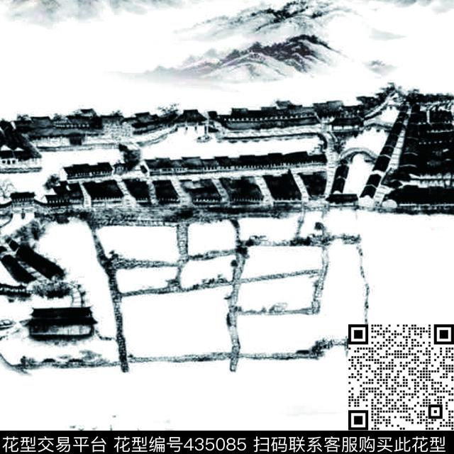 西塘美景2水墨风景中国风传统印花华亿平台下载（图片编号: 435085） - 瓦栏（Walan）