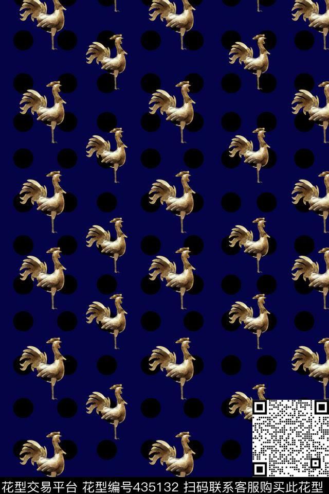 波点蓝底铁公鸡传统印花华亿平台下载（图片编号: 435132） - 瓦栏（Walan）