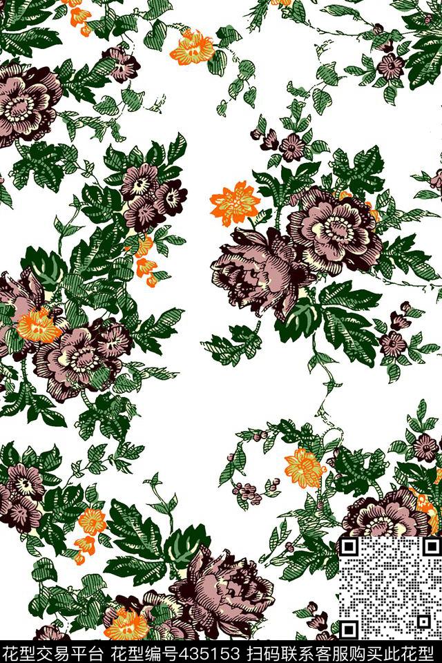 肌理经典手绘花卉传统印花华亿平台下载（图片编号: 435153） - 瓦栏（Walan）