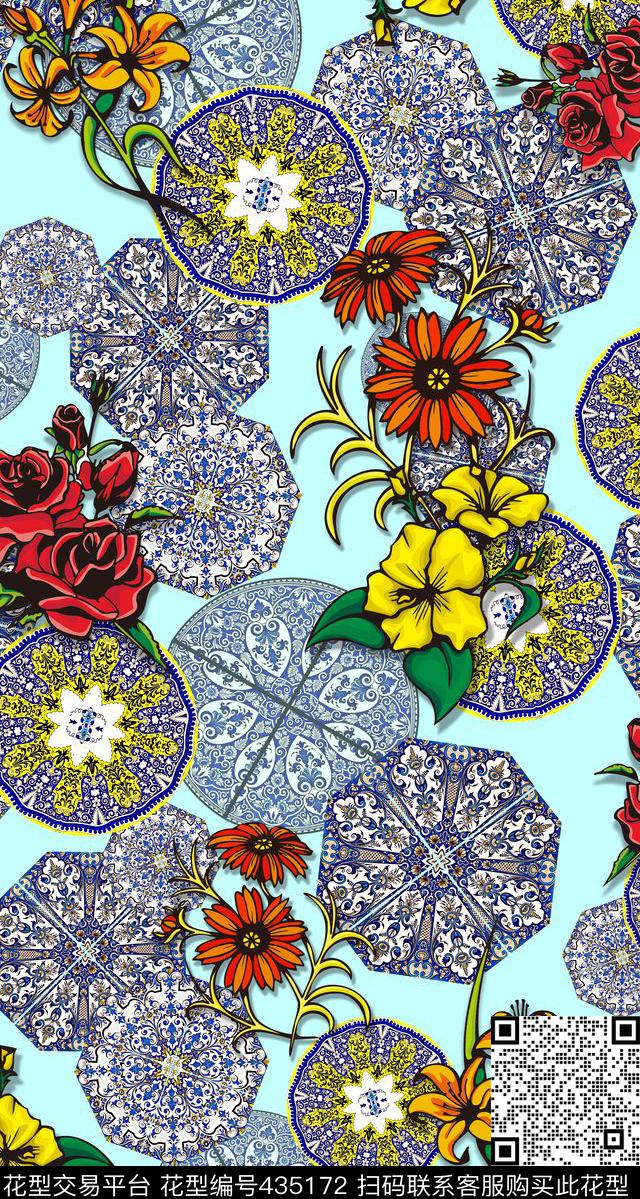 青花瓷民族拼接数码印花华亿平台下载（图片编号: 435172） - 瓦栏（Walan）