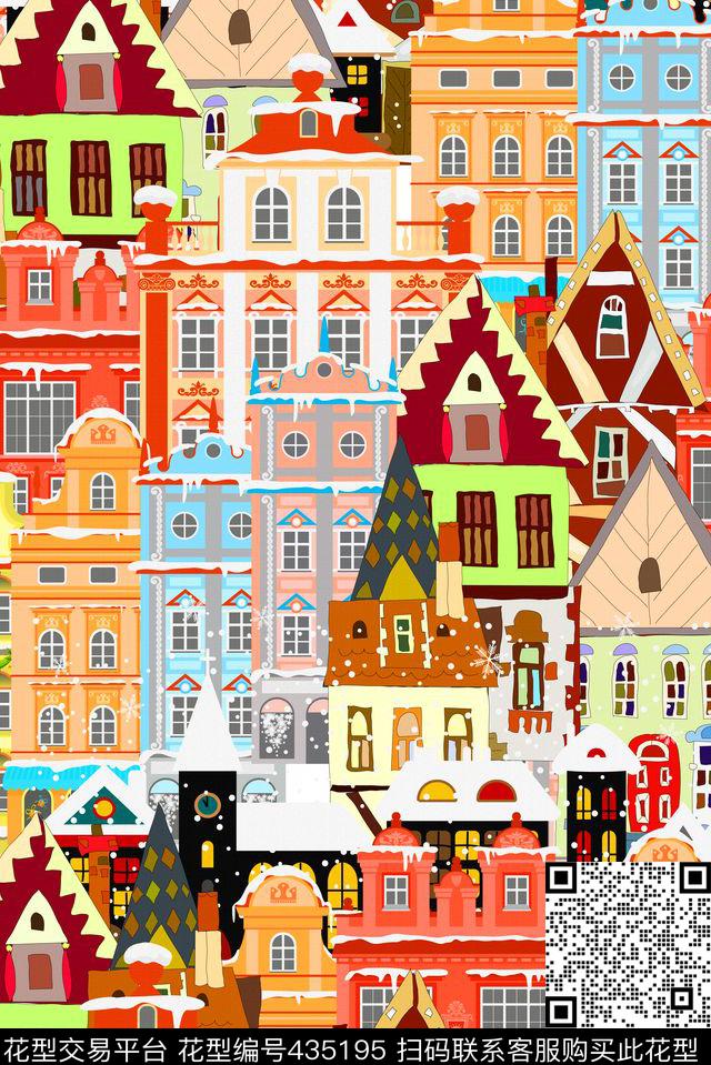 卡通卡通建筑小镇雪景传统印花华亿平台下载（图片编号: 435195） - 瓦栏（Walan）