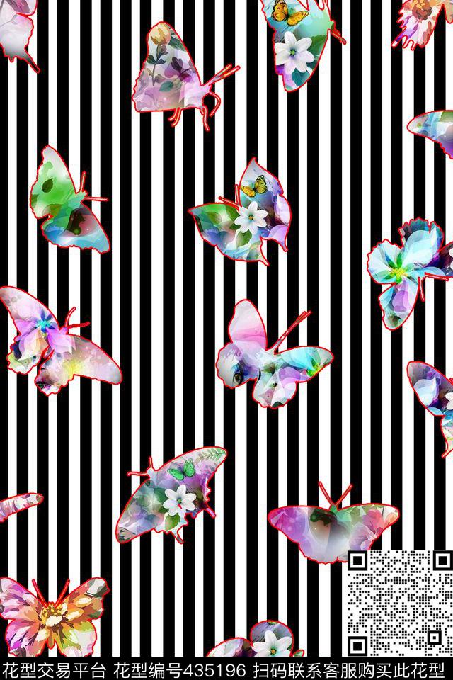 创意蝴蝶轮廓黑白条纹数码印花华亿平台下载（图片编号: 435196） - 瓦栏（Walan）