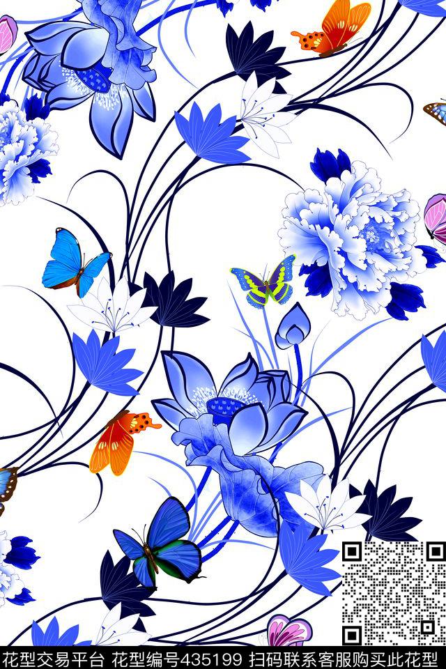 荷花蝴蝶牡丹传统印花华亿平台下载（图片编号: 435199） - 瓦栏（Walan）