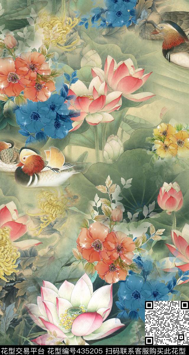 工笔花鸟莲花中国风数码印花华亿平台下载（图片编号: 435205） - 瓦栏（Walan）
