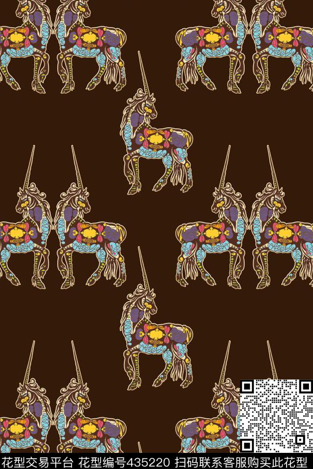 卡通童趣手绘独角兽花纹卡通传统印花华亿平台下载（图片编号: 435220） - 瓦栏（Walan）