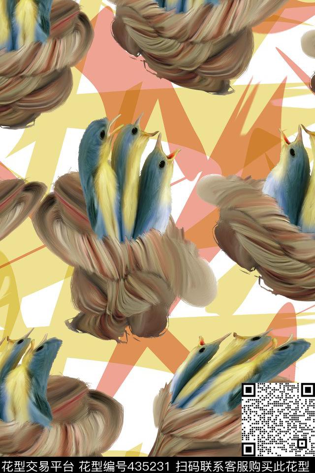 创意时尚鸟窝手绘数码印花华亿平台下载（图片编号: 435231） - 瓦栏（Walan）