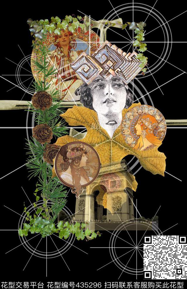 复古时尚几何植物美女插画数码印花华亿平台下载（图片编号: 435296） - 瓦栏（Walan）