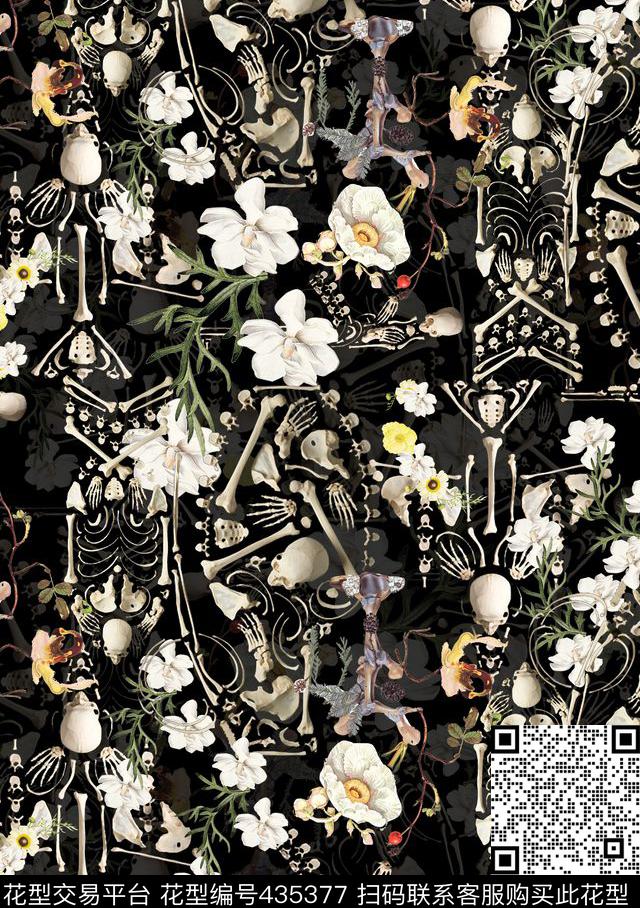 复古花卉骷髅头数码印花华亿平台下载（图片编号: 435377） - 瓦栏（Walan）