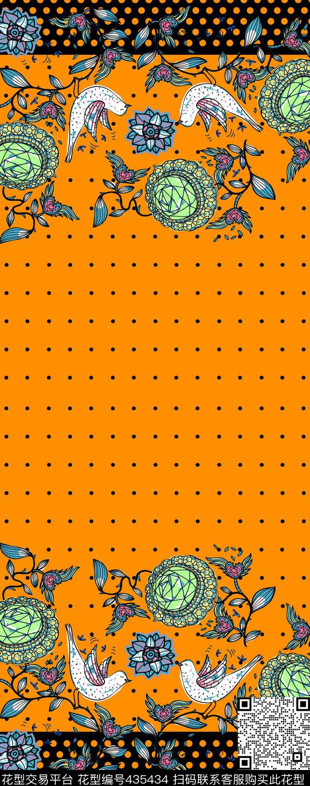 传统印花点子花卉鸟双边定位印花传统印花华亿平台下载（图片编号: 435434） - 瓦栏（Walan）