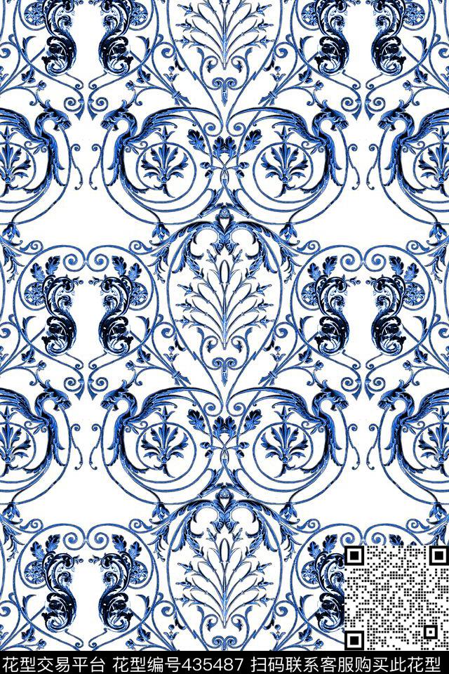 卷草卷草纹青花青花数码印花华亿平台下载（图片编号: 435487） - 瓦栏（Walan）