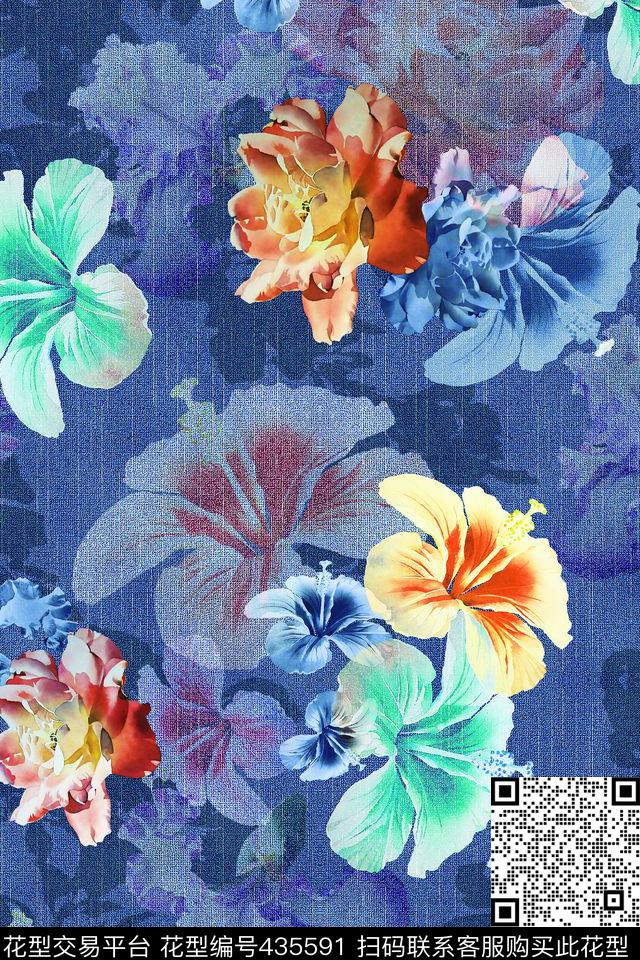 花卉满版组合牛仔纹数码印花华亿平台下载（图片编号: 435591） - 瓦栏（Walan）