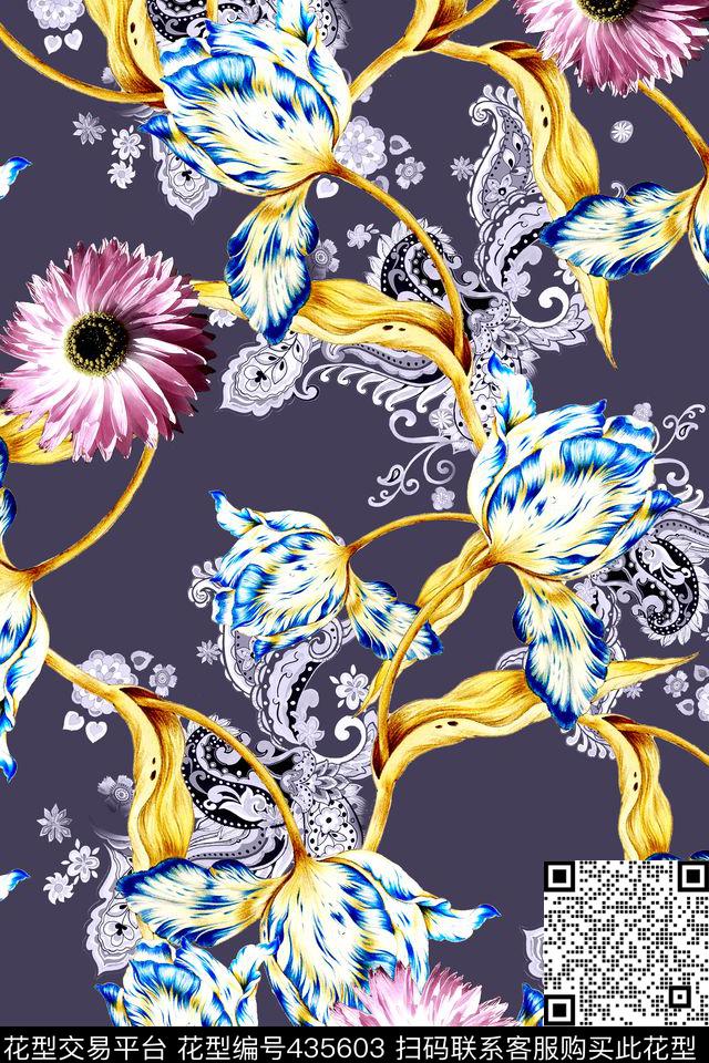 时尚百合花雏菊数码印花华亿平台下载（图片编号: 435603） - 瓦栏（Walan）