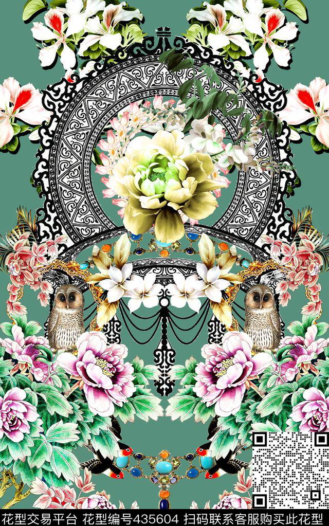 时尚猫头鹰花卉数码印花华亿平台下载（图片编号: 435604） - 瓦栏（Walan）