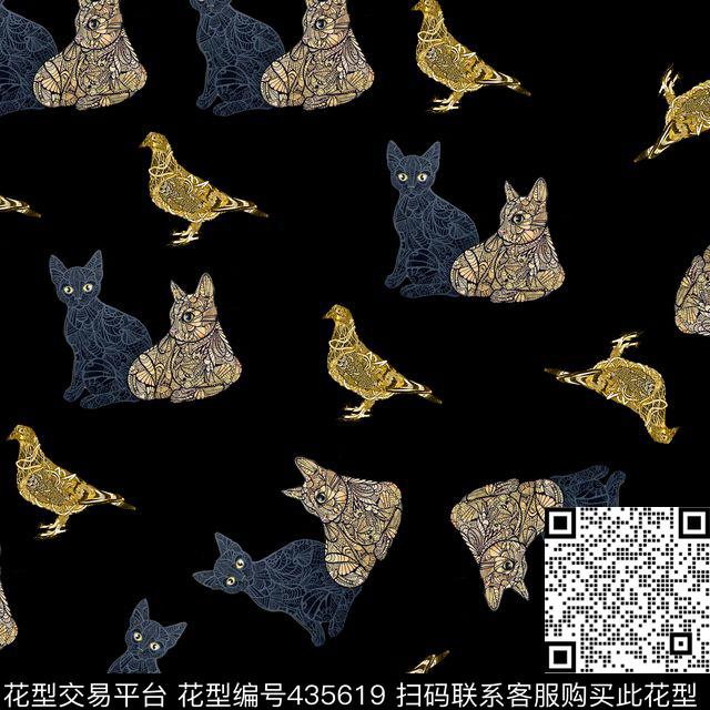 彩色素描鸽子猫数码印花华亿平台下载（图片编号: 435619） - 瓦栏（Walan）