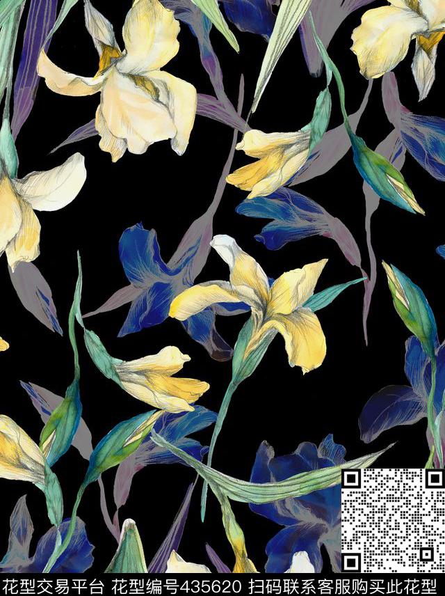 简约花卉铅笔手绘时尚数码印花华亿平台下载（图片编号: 435620） - 瓦栏（Walan）