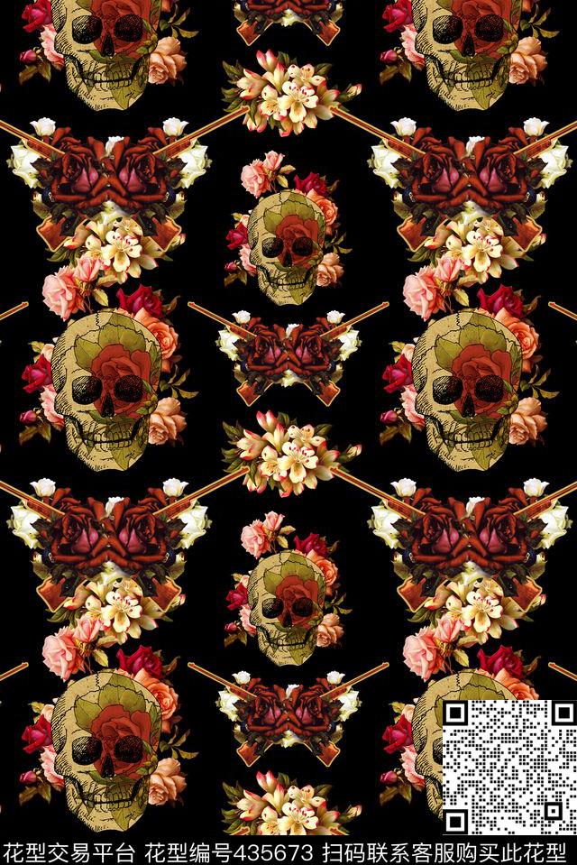 复古潮流手绘玫瑰骷髅头得意之作数码印花华亿平台下载（图片编号: 435673） - 瓦栏（Walan）