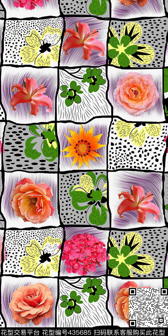 格子花朵小几何数码印花华亿平台下载（图片编号: 435685） - 瓦栏（Walan）