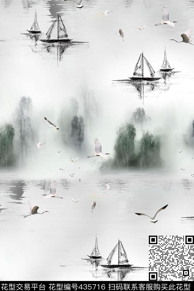 中国风水墨画海鸟数码印花华亿平台下载（图片编号: 435716） - 瓦栏（Walan）
