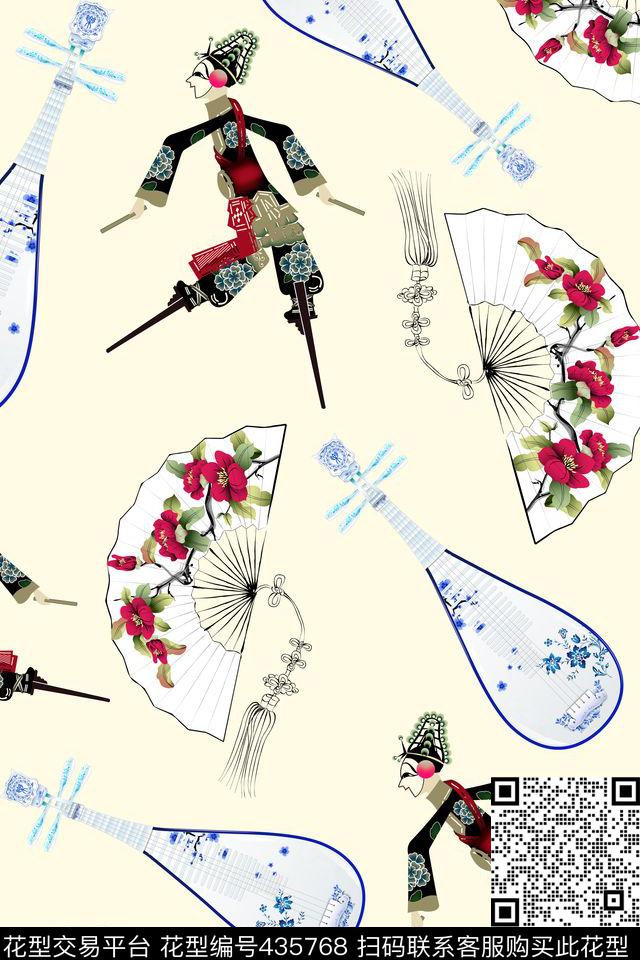 古典戏剧中国风戏剧木偶琵琶扇子古典中国风数码印花华亿平台下载（图片编号: 435768） - 瓦栏（Walan）