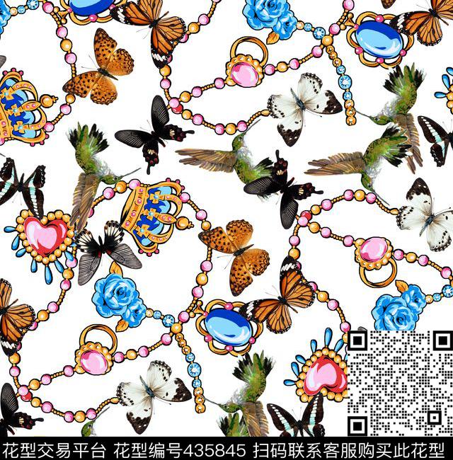 蜂鸟蝴蝶手绘数码印花华亿平台下载（图片编号: 435845） - 瓦栏（Walan）