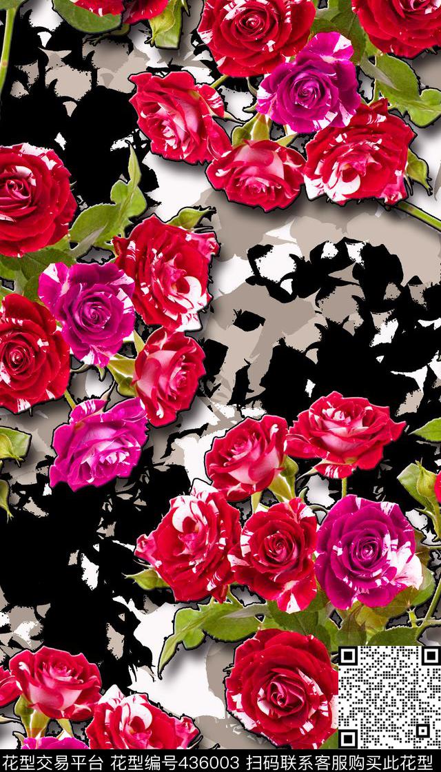 复古玫瑰花卉数码印花华亿平台下载（图片编号: 436003） - 瓦栏（Walan）