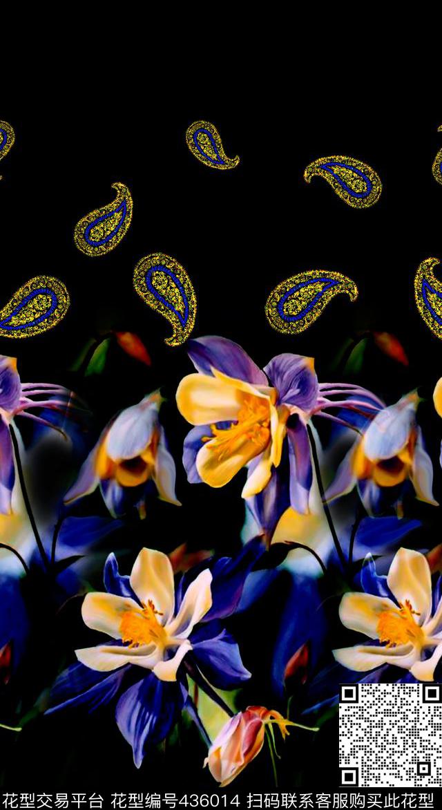 兰花佩斯利时尚流行新潮丝绸真丝棉布数码印花华亿平台下载（图片编号: 436014） - 瓦栏（Walan）