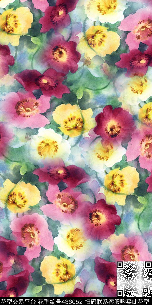 大气素雅手绘花朦胧数码印花华亿平台下载（图片编号: 436052） - 瓦栏（Walan）