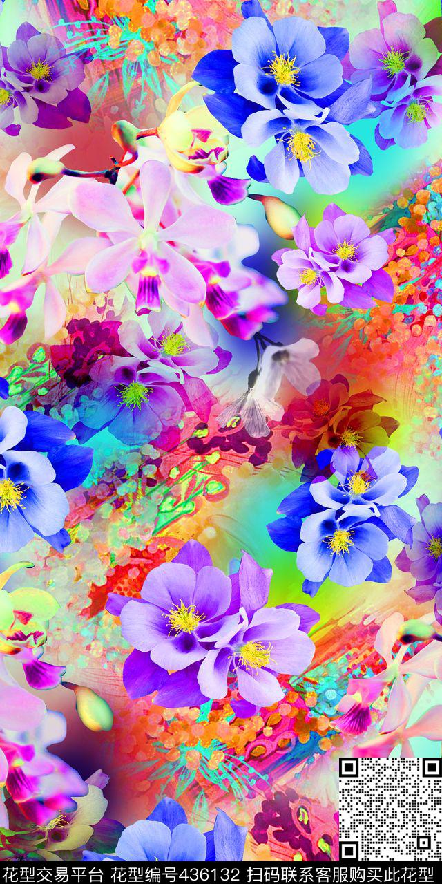 丝绸真丝棉布花卉花花样时尚流行新潮数码印花华亿平台下载（图片编号: 436132） - 瓦栏（Walan）