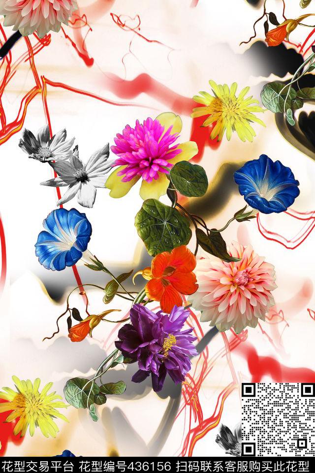 花卉牵牛花水墨韵数码印花华亿平台下载（图片编号: 436156） - 瓦栏（Walan）